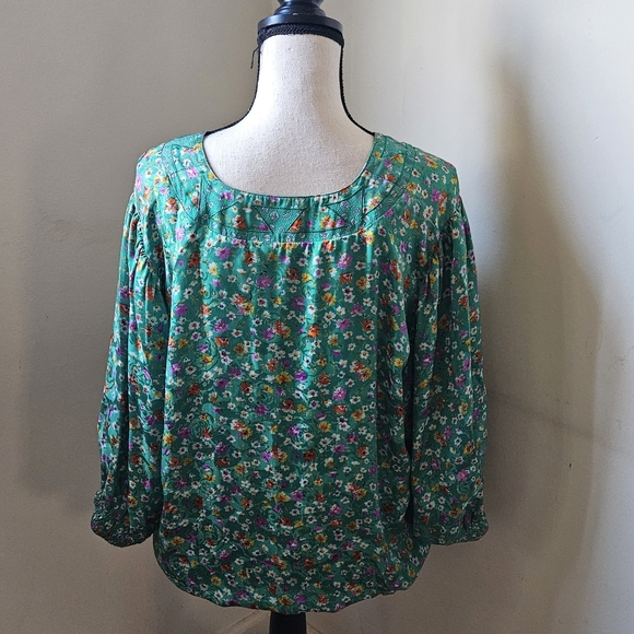 Mayeelok 100% Silk blouse shirts green floral flower size large 3/4 puffy elasti - Picture 4 of 12